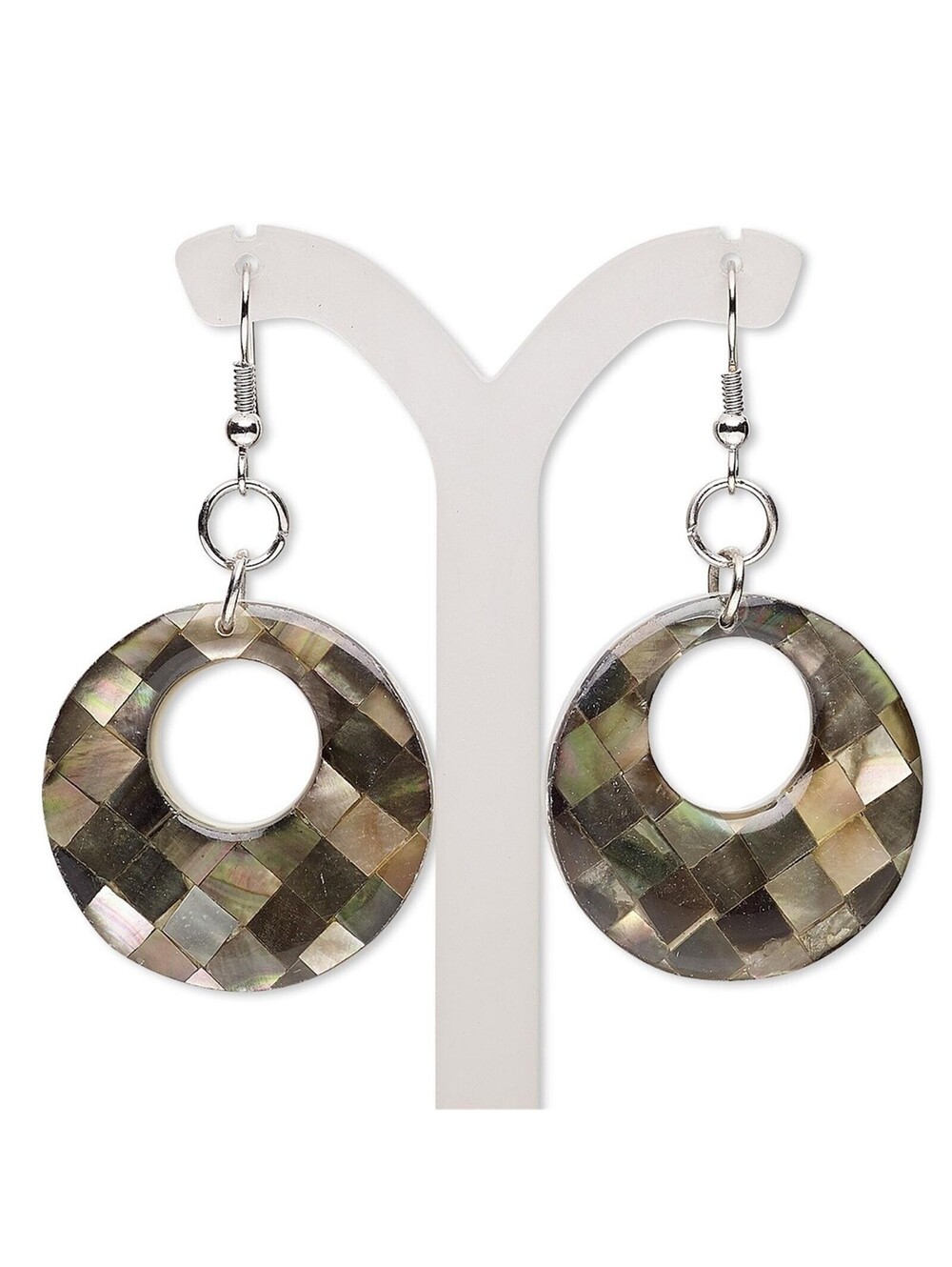 Handcrafted Natural Organic Black Lip Shell Checkered Gogo Pendant Earrings